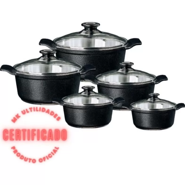 Jogo de Panelas Grossas 5 peças em alumínio batido Fundido Preto alça interissa Tampa de vidro Caçar
