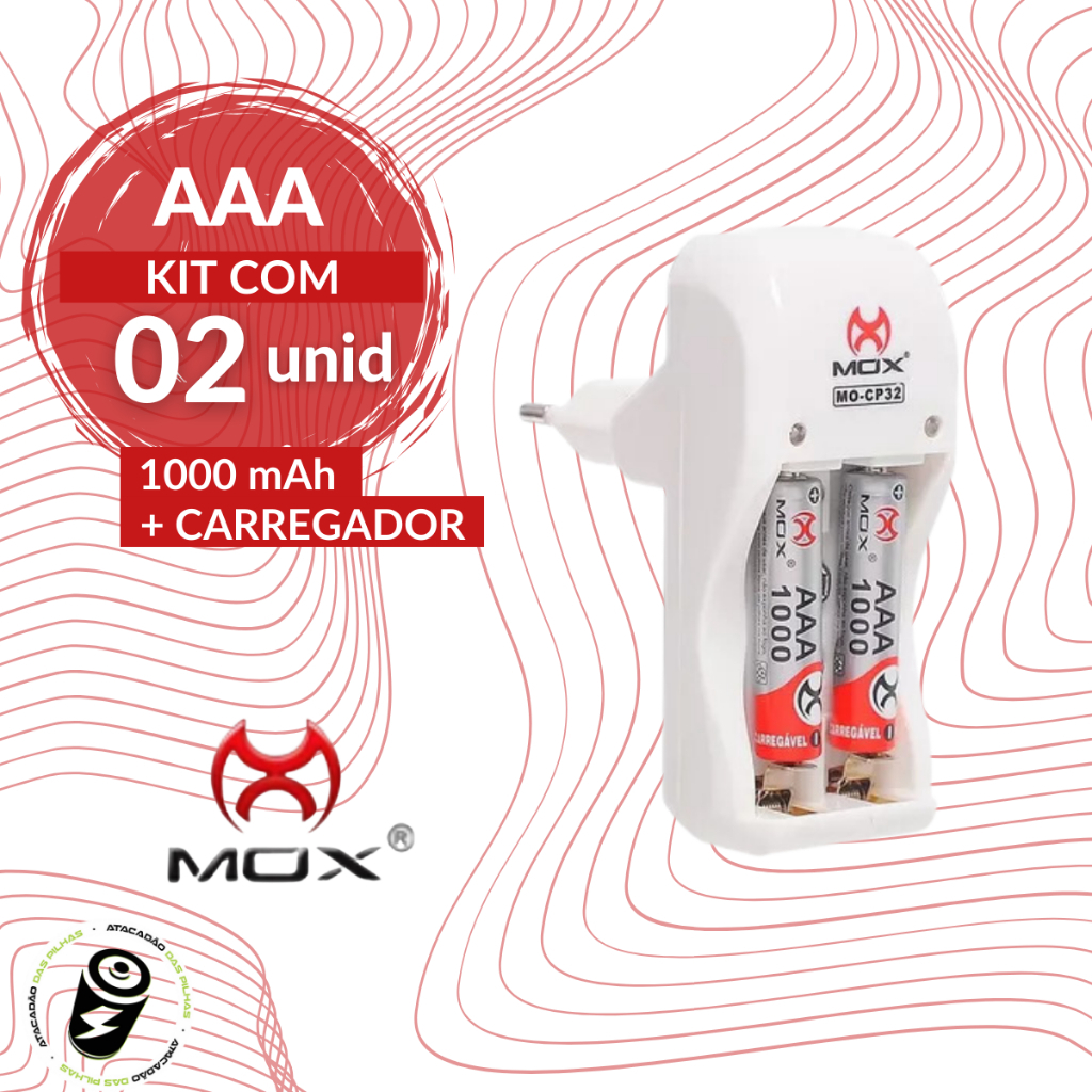 Carregador De Pilha + 2 Pilhas Aaa Recarregável 1000 Mah Mox