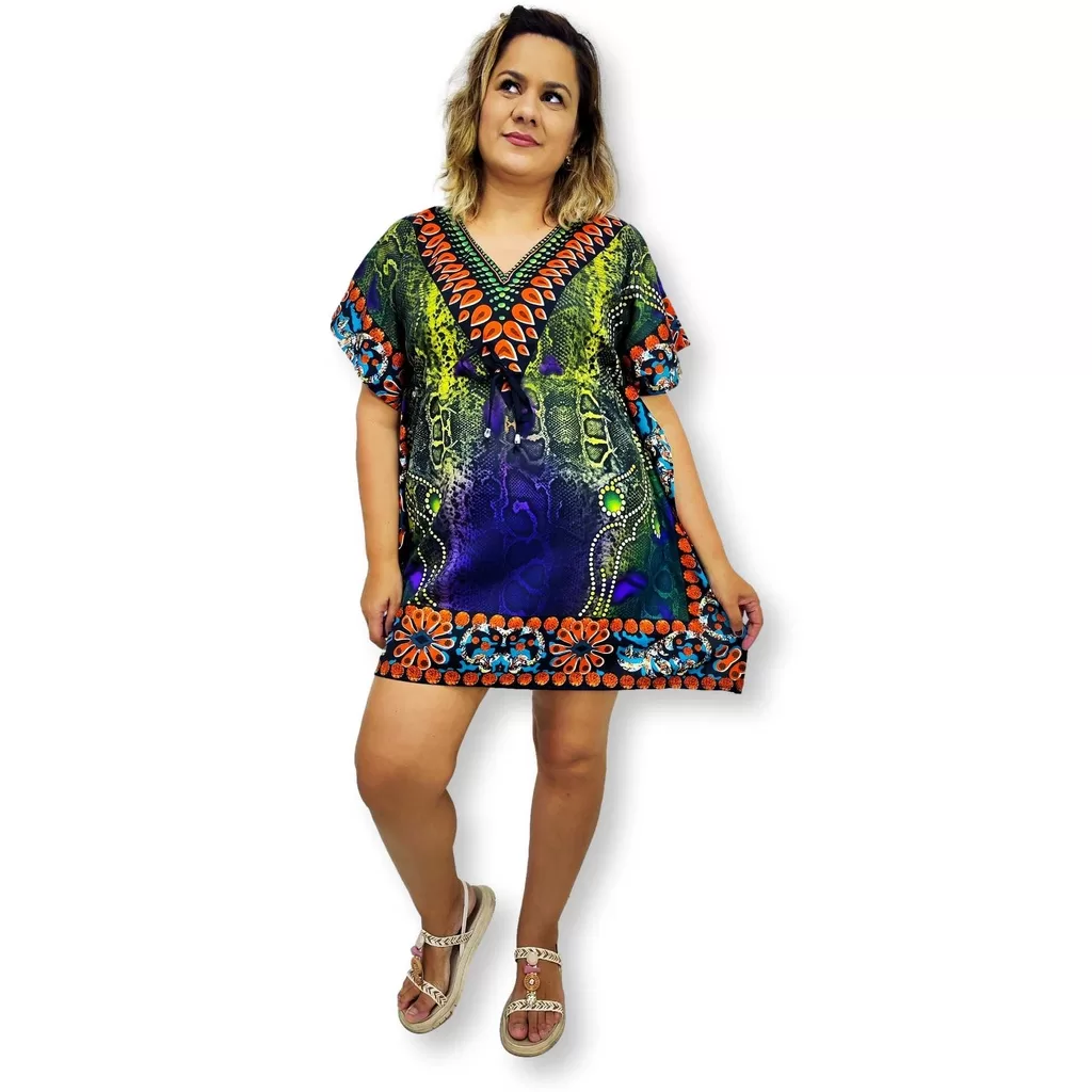 Bata Kaftan Indiana Estampada Saída de Praia Plus Size N6384