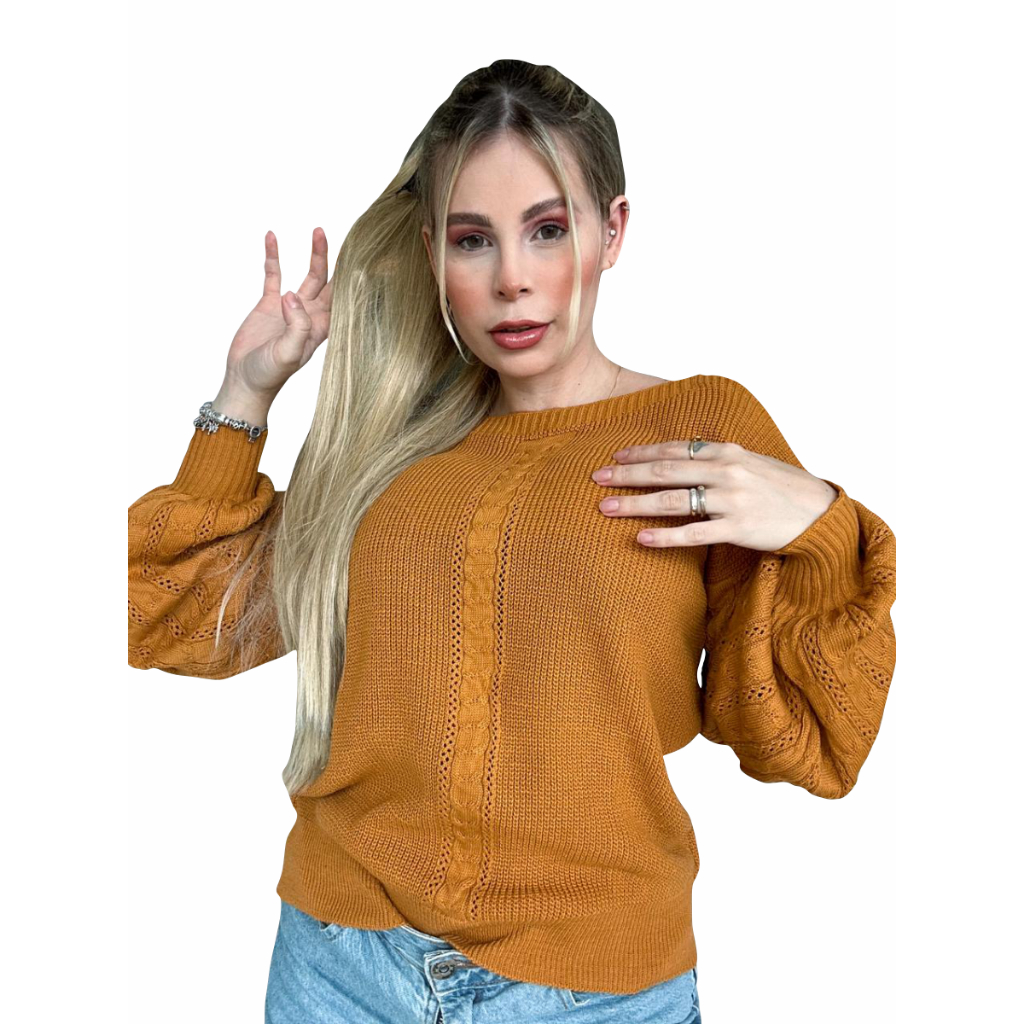Cacharrel Tricot Blusa Outono Inverno com Mangas Bufantes