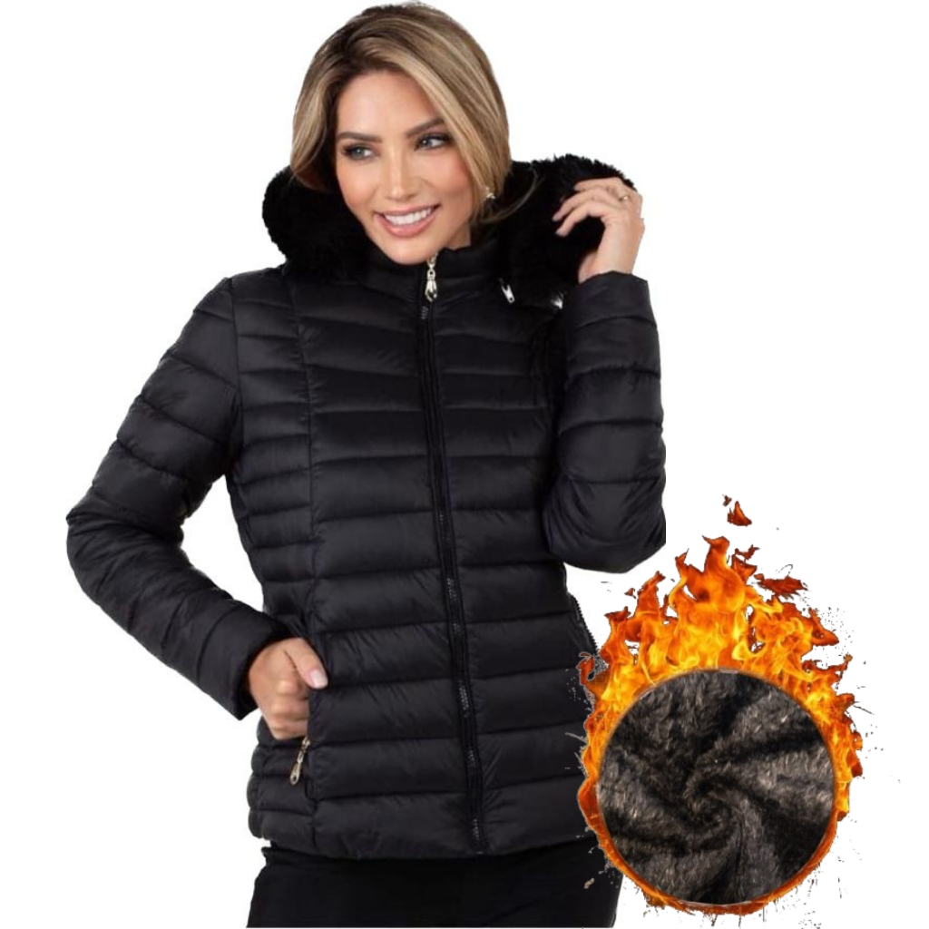 Jaqueta Feminina Forrada Pelinhos no Capuz moda outono inverno