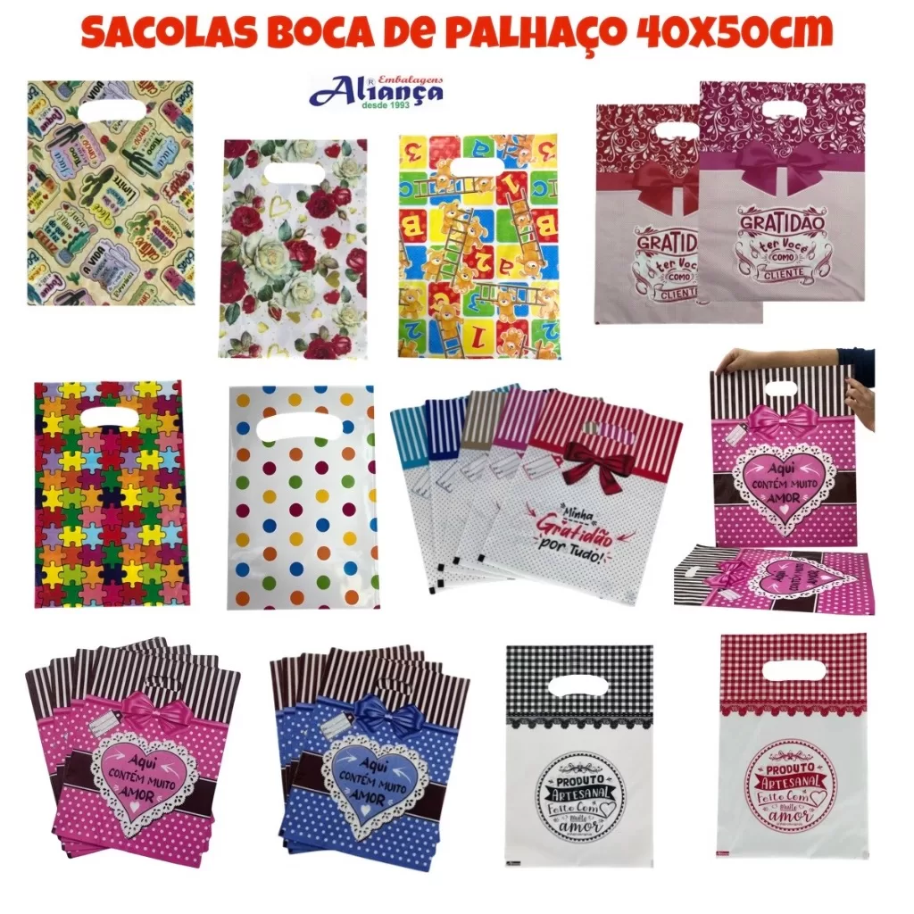 50 Sacolas Boca de Palhaço 40x50cm Estampadas