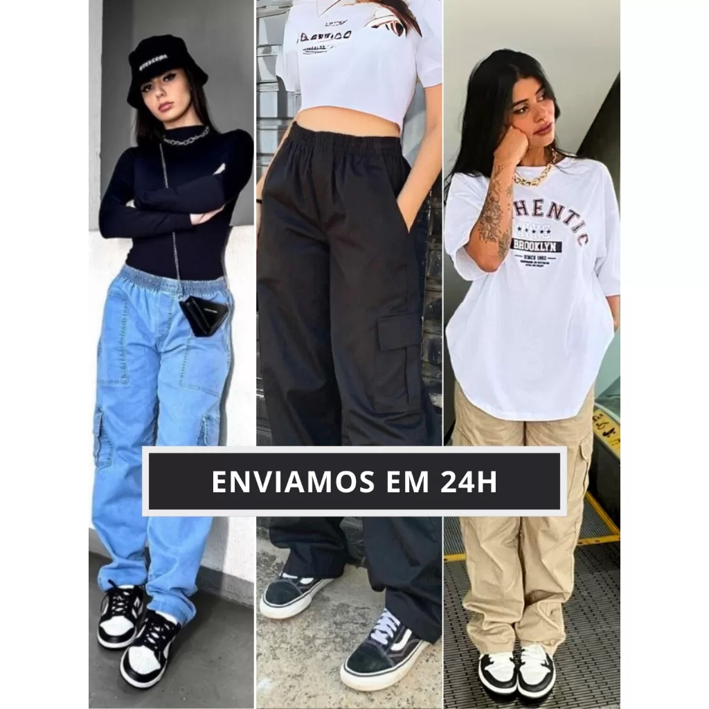 Calça Cargo Masculina Feminina Preta Jeans Skatista Street Barra Larga Unissex