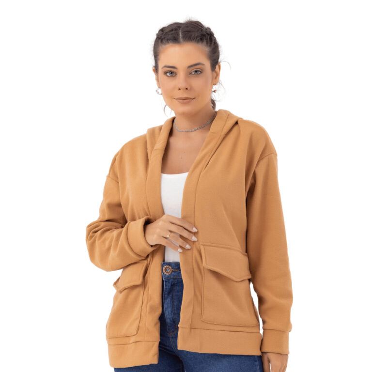 Casaco Peluciado Feminino Aberto Com Capuz Bolsos 