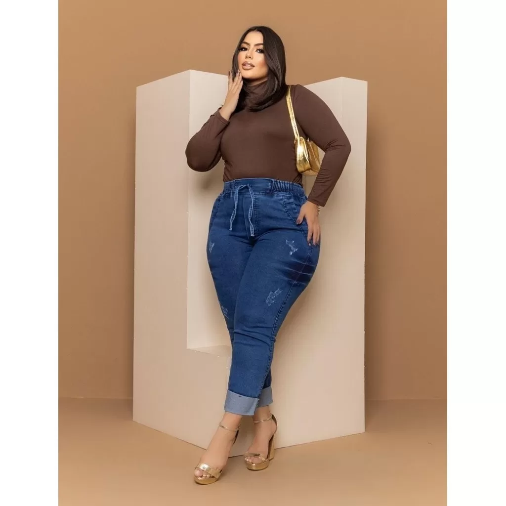 Calça Capri Jeans Jogger Feminina Plus Size Lycra Cós Elástico