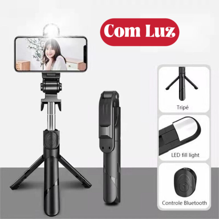 Bastão Pau de selfie Tripé Retrátil Com Luz LED