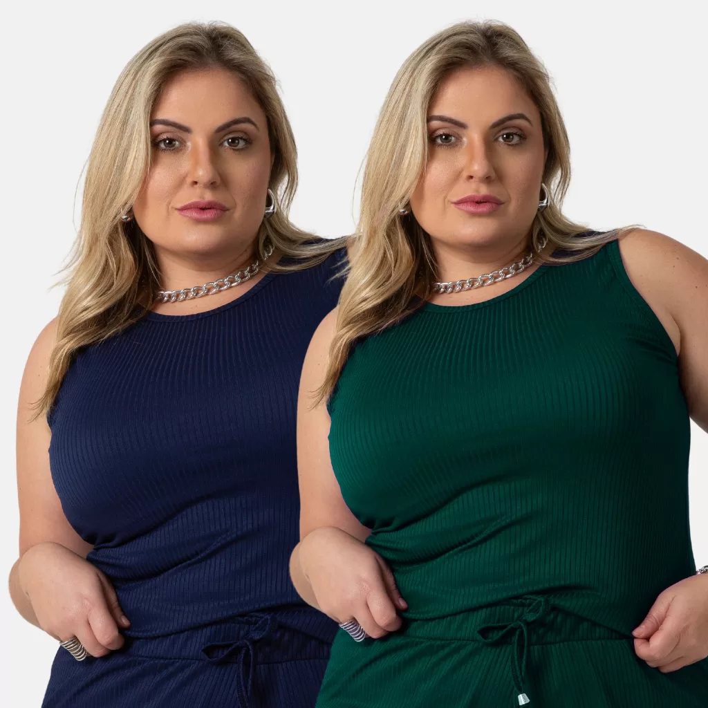 Kit 2 Regata Blusa Canelada Feminina Verão Moda Plus Size Conforto 1213-K2-C2