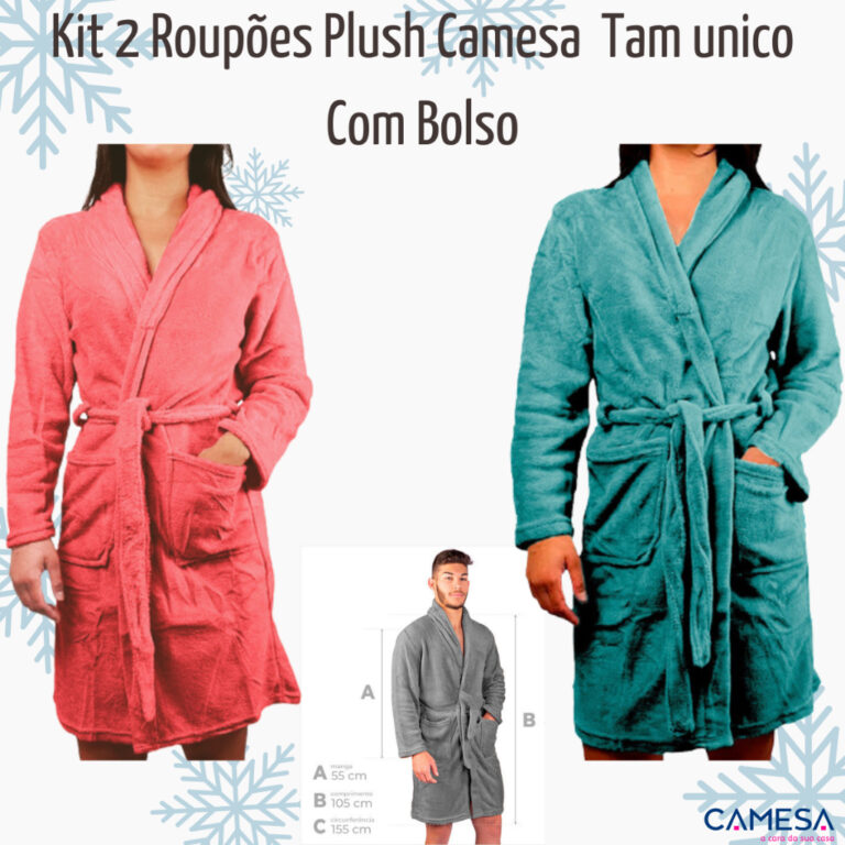 Kit 2 Roupões Plush Com Bolso Unissex Adulto Inve