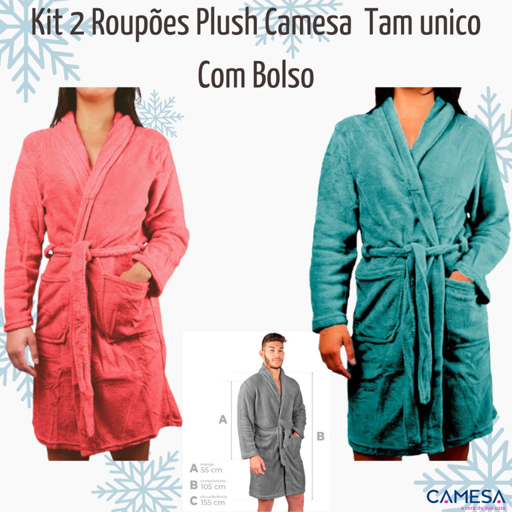 Kit 2 Roupões Plush Com Bolso Unissex Adulto Inverno Quentinho Promoção