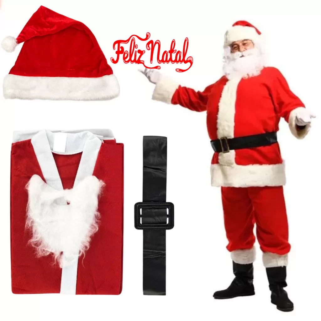 Fantasia Roupa de Papai Noel Veludo ou Feltro Tamanho Único Com Blusão, Calça, Gorro, Cinto e Barba