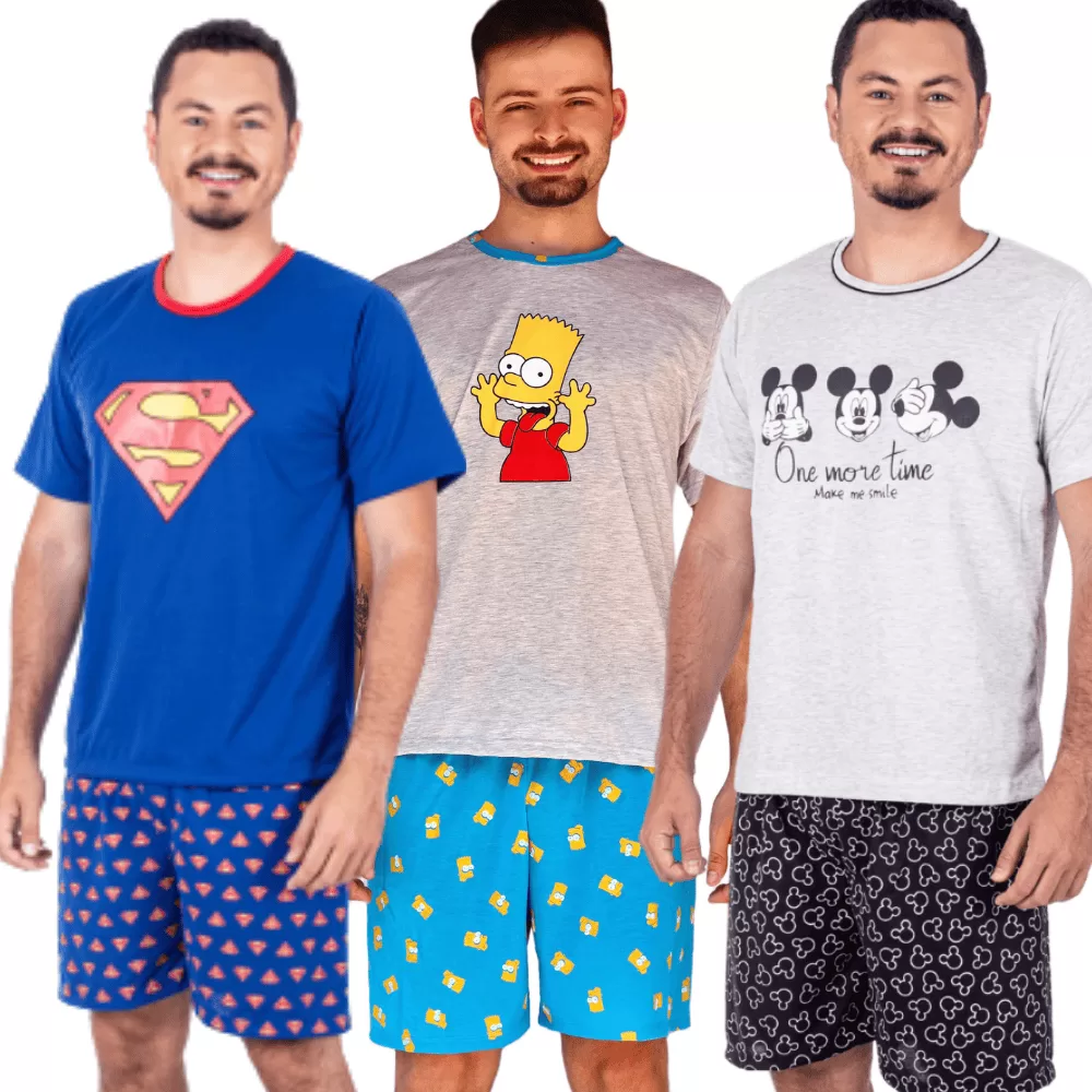 Pijama Masculino Curto Básico Xadrez/Pijama Verão Estampado Divertido Desenho/ Pijama Masculino Curt