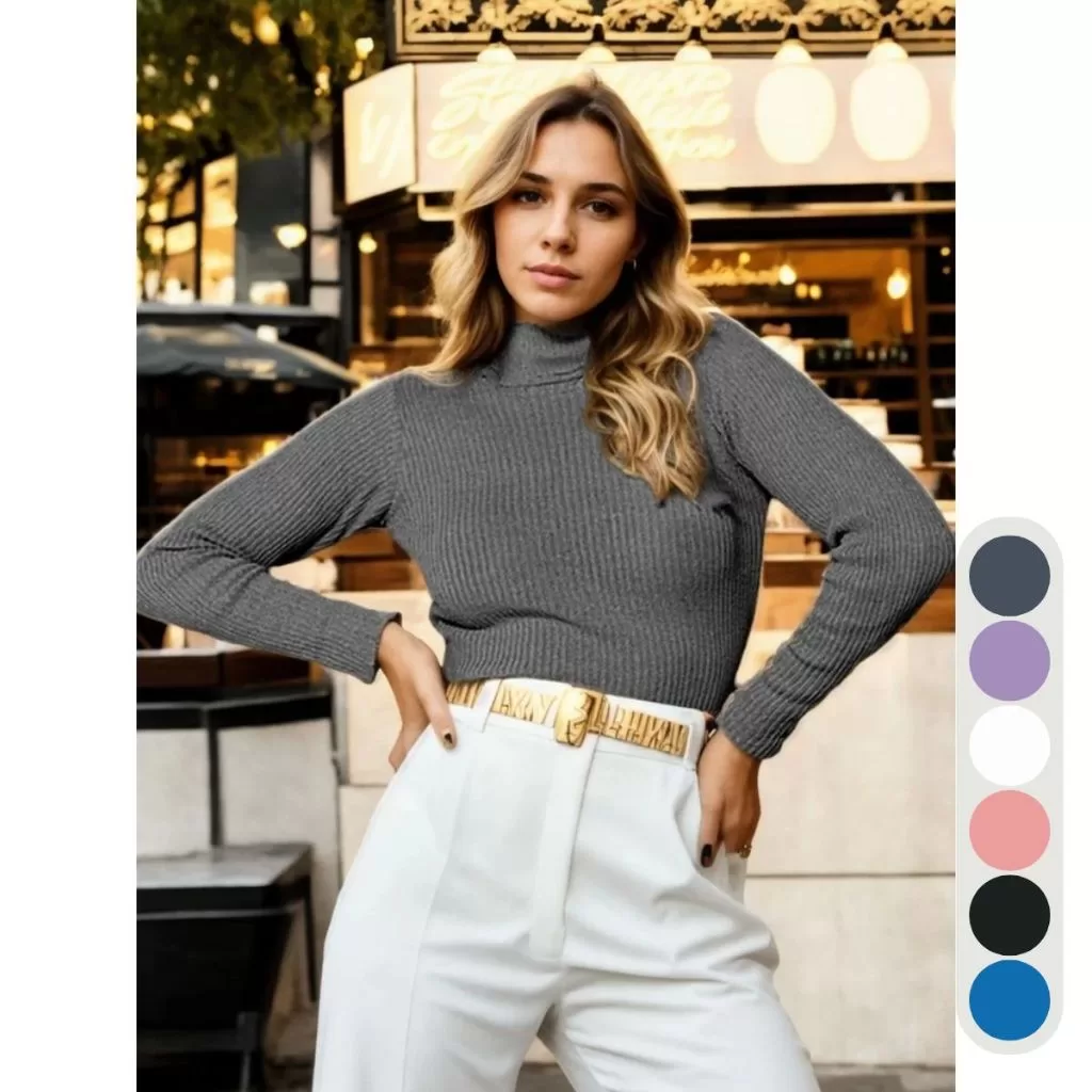 Blusa Feminina Tricot Canelada Manga Longa Gola Alta Inverno Casual Básica