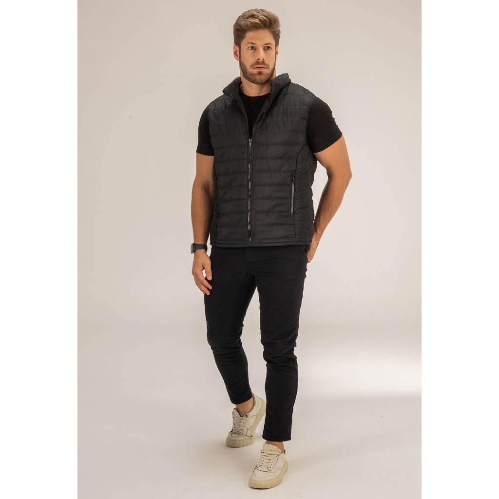 Colete Masculino Puffer Preto Com Bolso Super Macio Casual Frio
