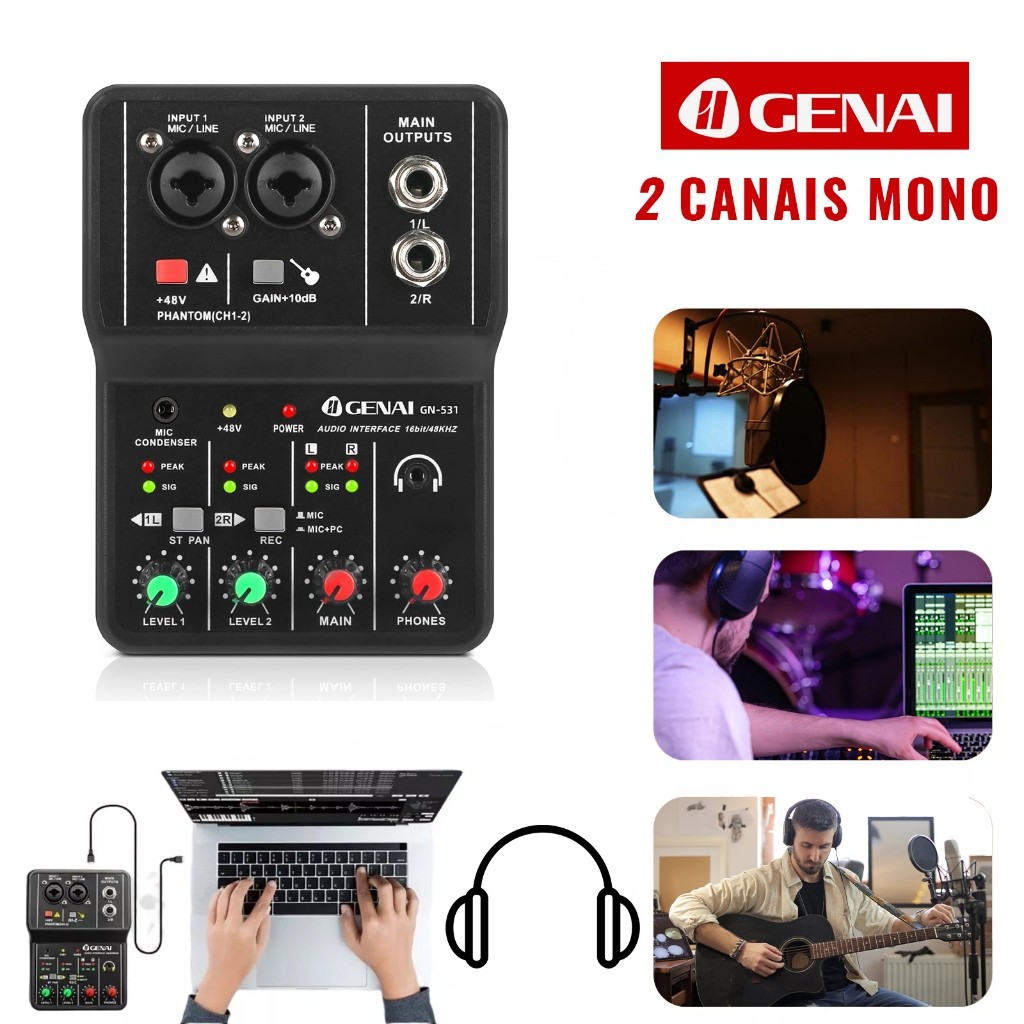 Placa de som profissional para estúdio de áudio com monitorização para gravação em direto