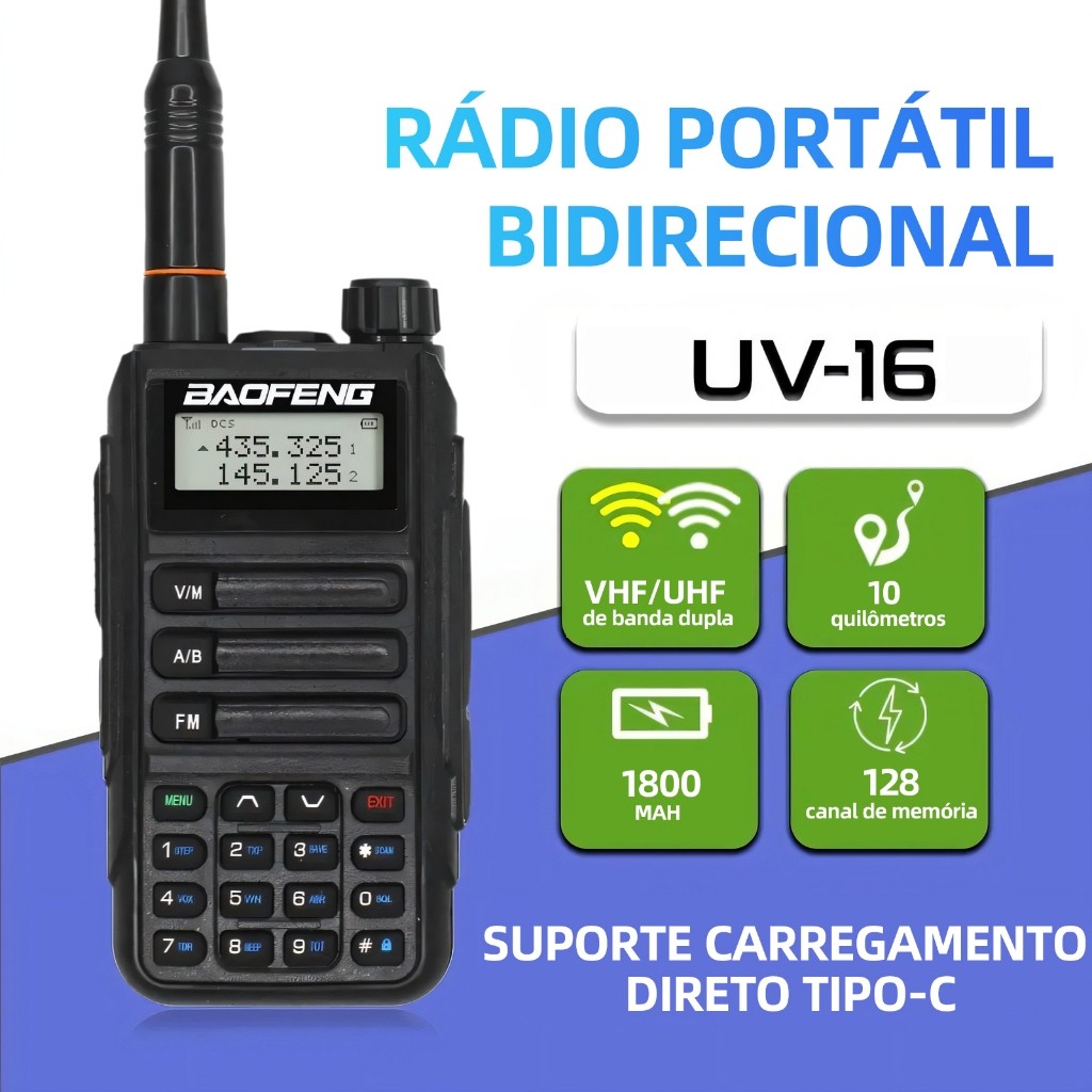 Kit 2 Rádio Baofeng Uv-16 Pro V2 Tri Band Vhf / Uhf Cor Preto