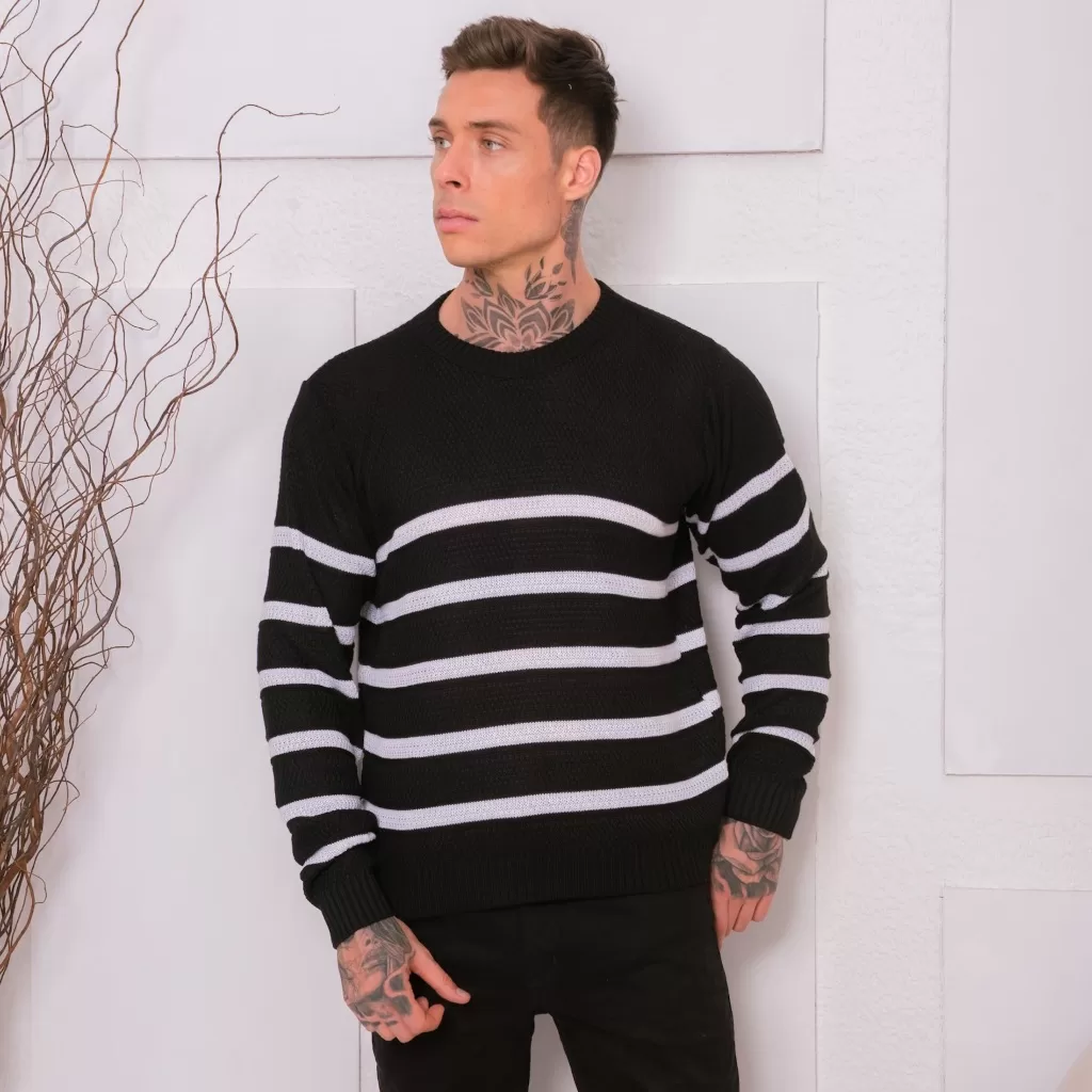 Suéter Tricot Masculino Blusa de Frio Listrado Gola Redonda Manga Longa – Look de Inverno e Outono