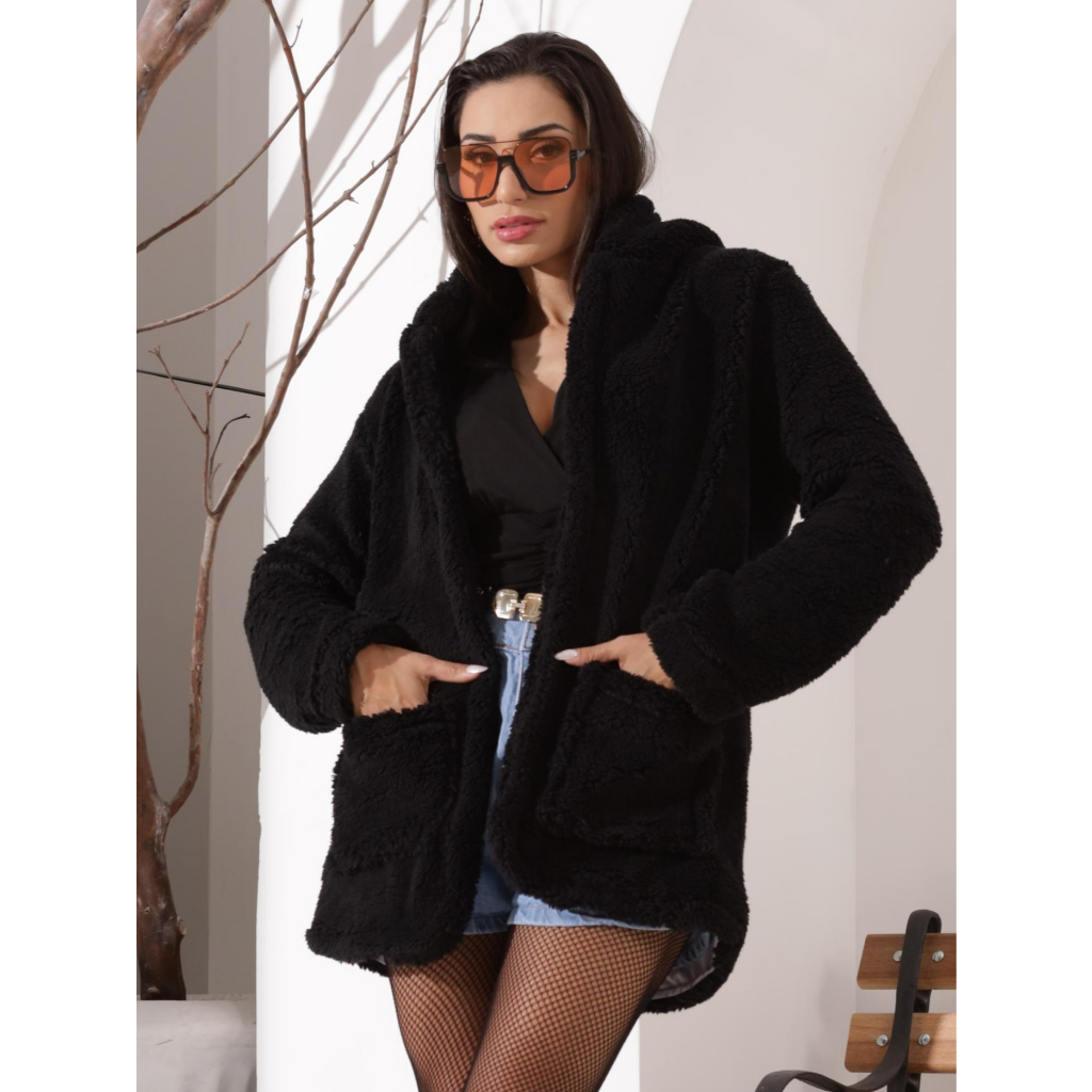 Casaco Teddy Feminino Pelinhos Com Bolsos Forrado Max Peludo Inverno