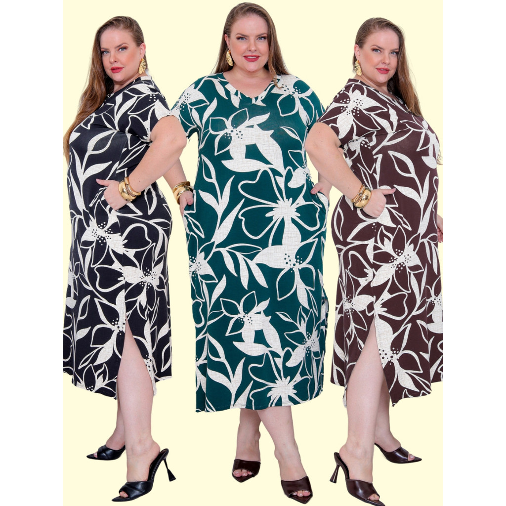 Vestido Plus Size Feminino Estampado Viscolycra Midi Longo com Bolsos Laterais Fendas veste 44 ao 56