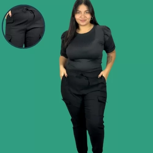 Calça Cargo Plus Size Feminina Bengaline Bolso La