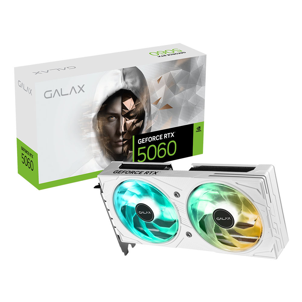 Placa de Vídeo Galax GeForce RTX 5060 EX White, 1 Click OC, 8GB, GDDR7, DLSS, G-Sync – 56NSN8MDDBBS