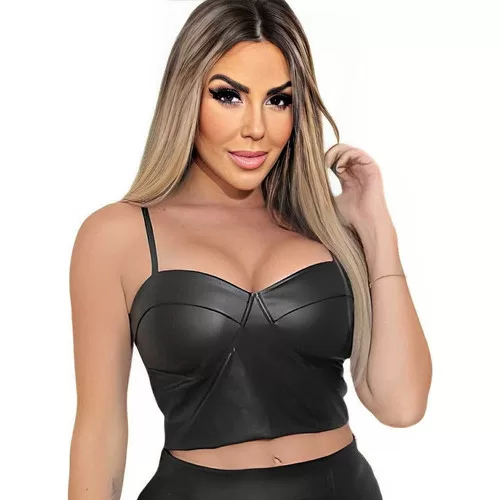 Cropped Couro Feminino Alças Finas Com Bojo Estru