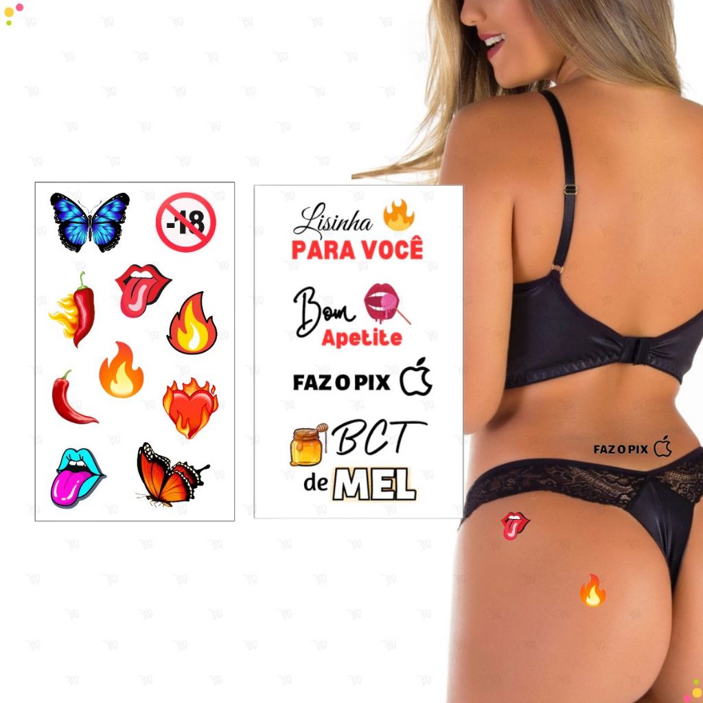Kit 2 cartelas Tatuagem Temporaria Erotica Neon Brilhante Sex Shop Tatuagem Adulto