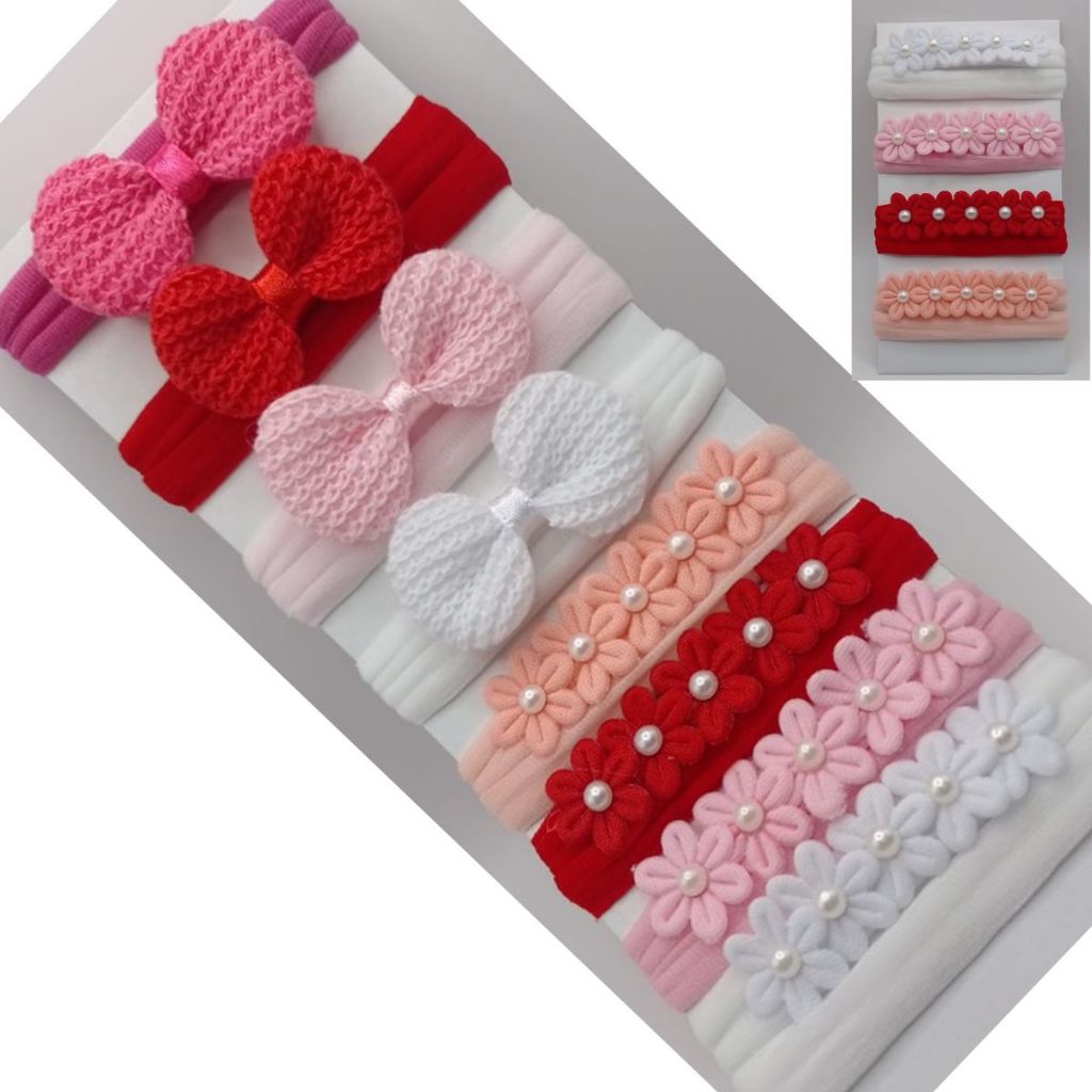 Kit 8 Faixinhas de Cabelo Croche/Flores para Bebê ( RN ate 2 anos) na meia de seda