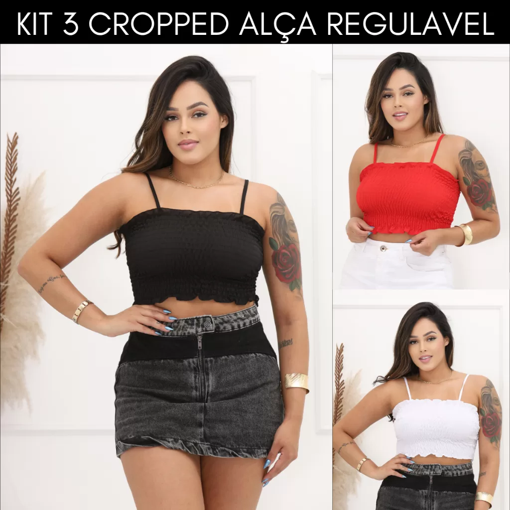 Kit 3 Cropped Feminino Infantil e Adulto Com Alcinha Regulavel Moda Verao Praia Lastex Efeito Sanfon