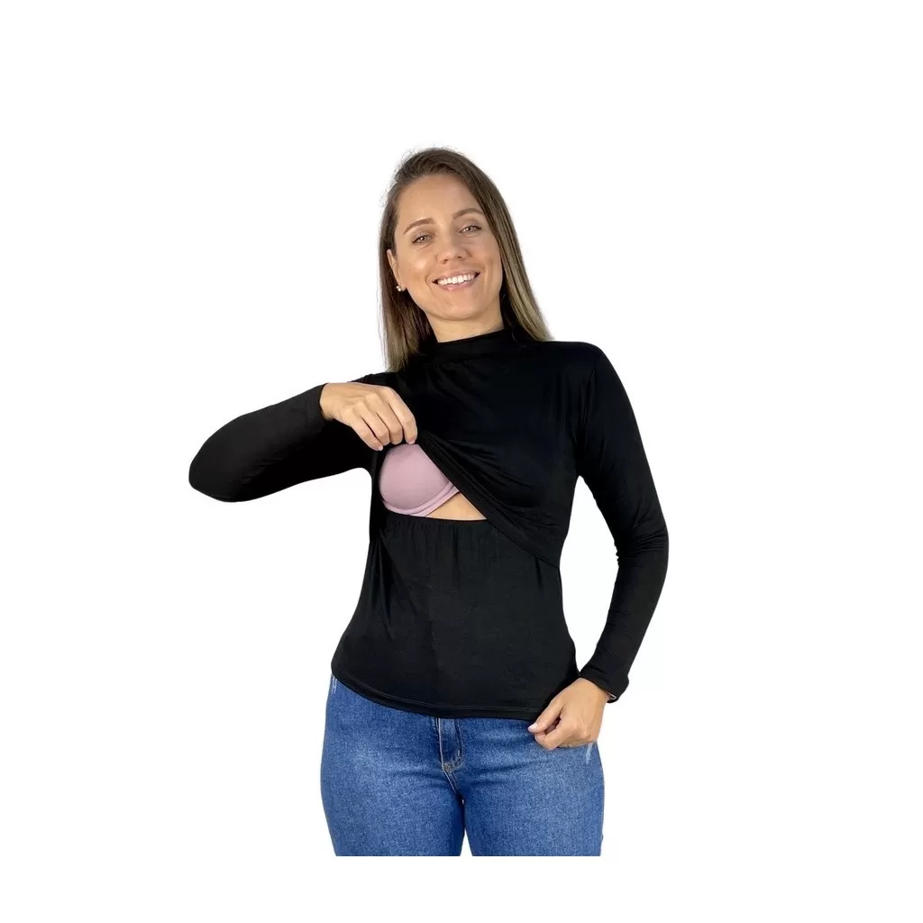 Blusa Amamentação Slim Gola Alta Cores Premium Maternidade Gestante Grávida Amamentar Manga Longa
