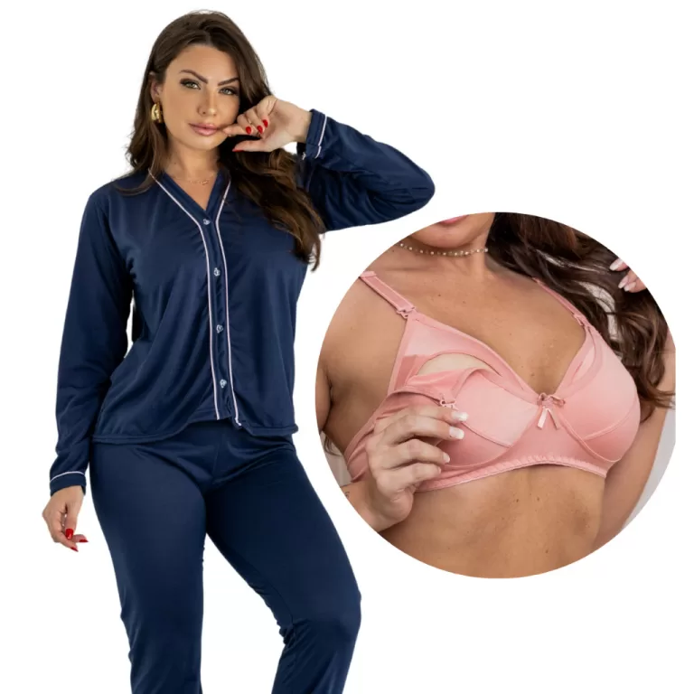 Kit com 1 pijama americano de botão e 1 sutiã am