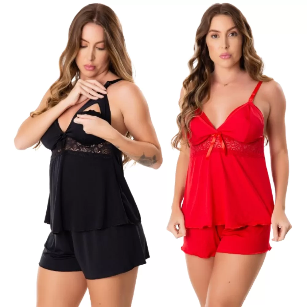 Kit 2 Baby Doll Amamentação Maternidade Gestante Pós Parto Short Para Dormir Abre Fácil Pijama