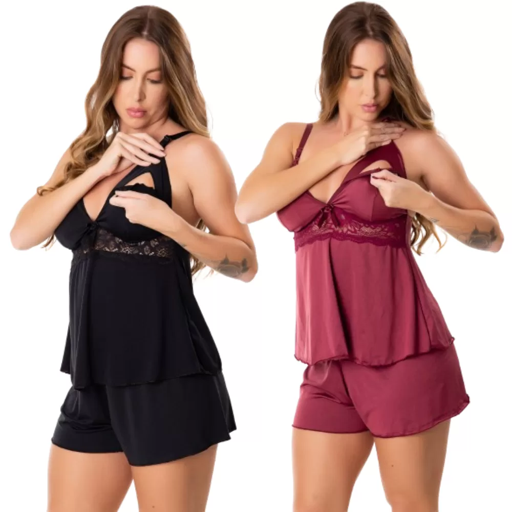 Kit 2 Baby Doll Amamentação Maternidade Gestante Abre Fácil Pós Parto Para Dormir Short Pijama
