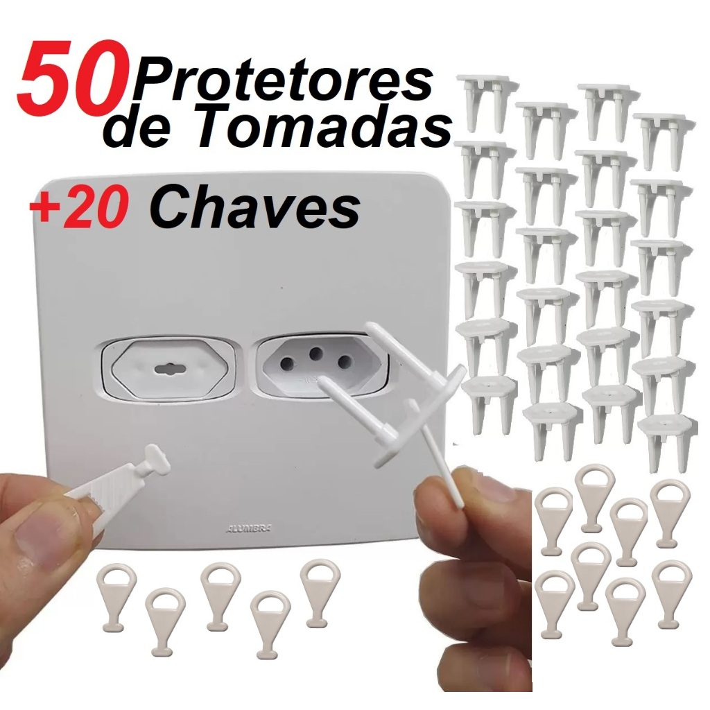 Kit 50 Protetores de Tomada com 20 Chaves Proteção Bebê Segurança Choque