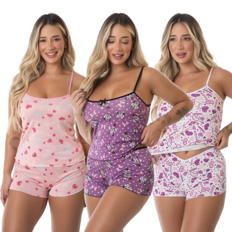 Kit 3 Short Doll Micro Estampado Baby Doll de Alç