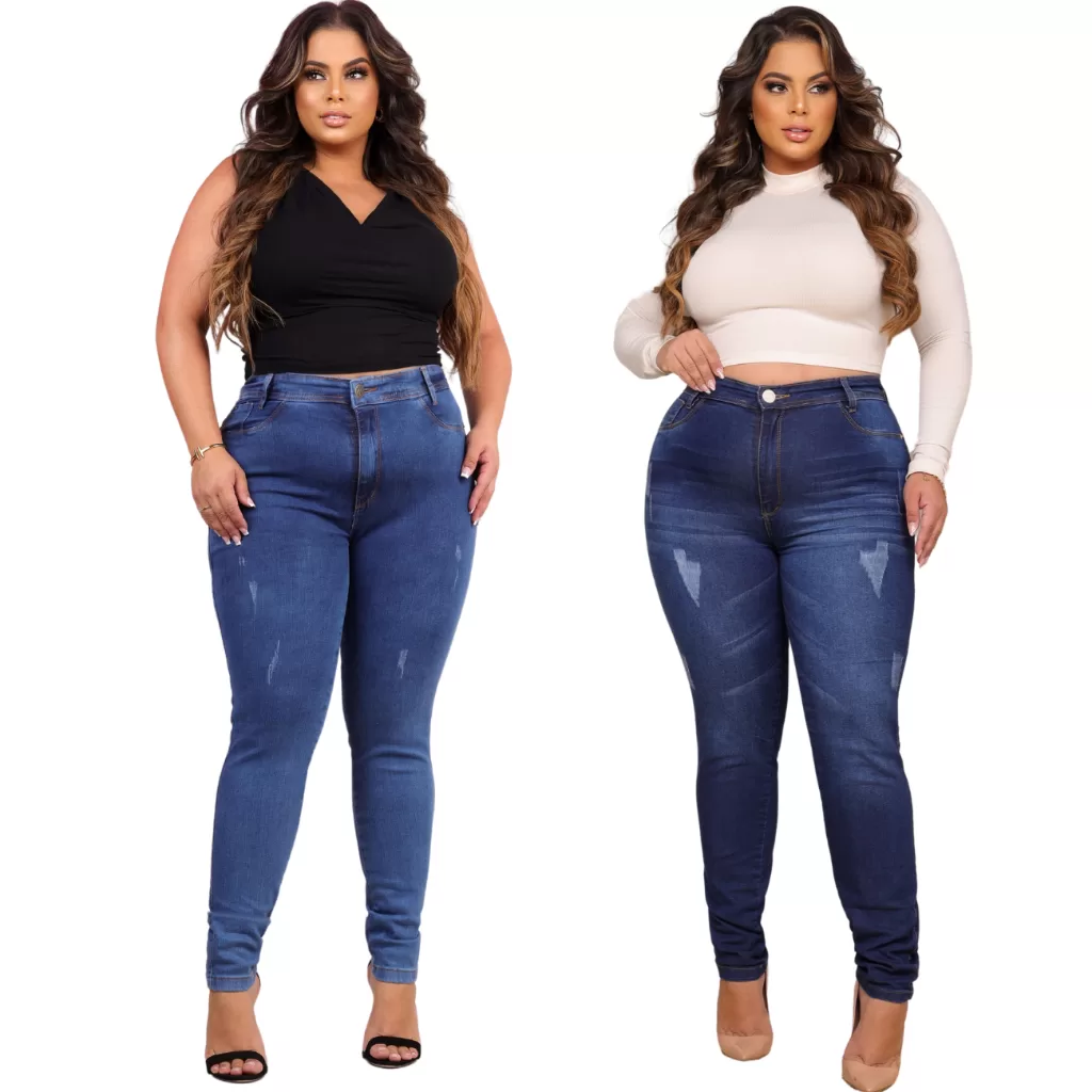 Kit 2 Calça Jeans Feminina Plus Size Lycra Cintura Alta Modeladora Confortável Moda Casual Grande