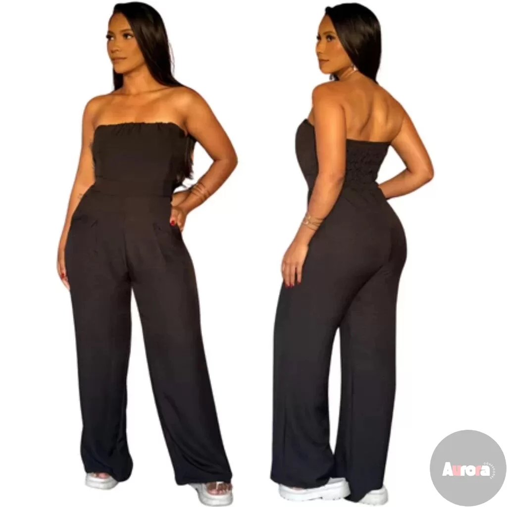 Macacão Feminino de Alfaitaria Preto Tomara que Caia com Calça Pantalona