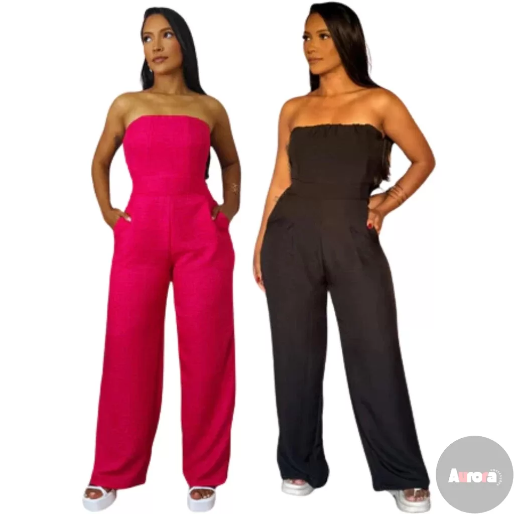 Kit 2 Macacões Femininos de Alfaitaria Tomara que Caia com Calça Pantalona: Rosa e Preto