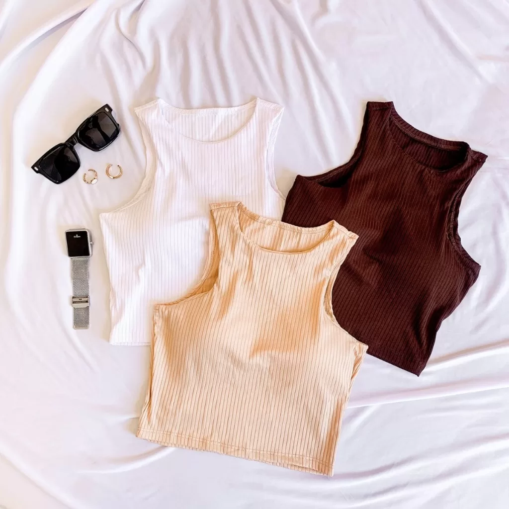 KIT 3 Cropped Top Regata Liso Basico Canelado Com Bojo