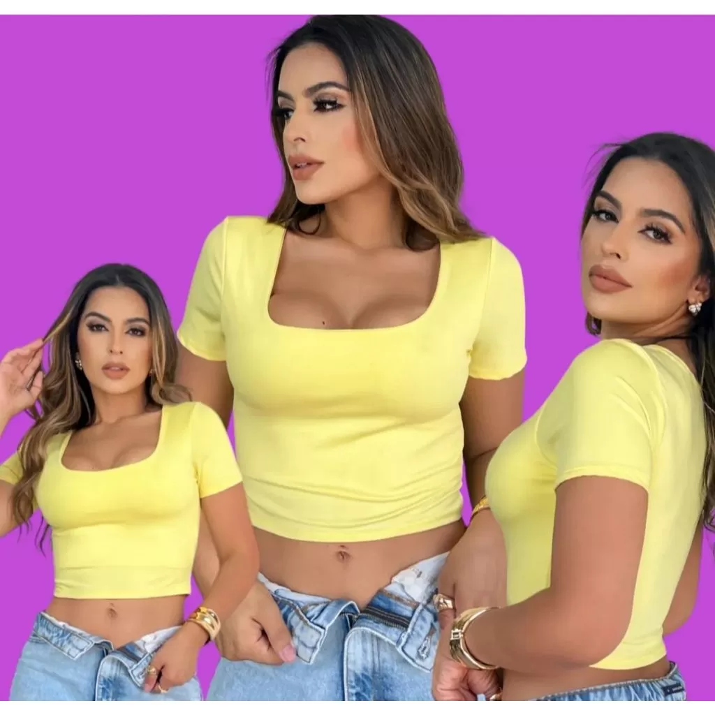 KIT 3 CROPPED MANGA CURTA DECOTE QUADRADO SUPLEX BABY TEE DIVERSAS CORES CURTO MODA