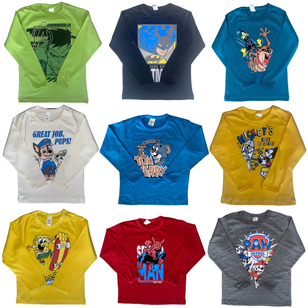 Kit 5 Camisetas Infantil Masculina Manga Comprida Com Estampa Desenhos Menino Frio Inverno Meia Esta