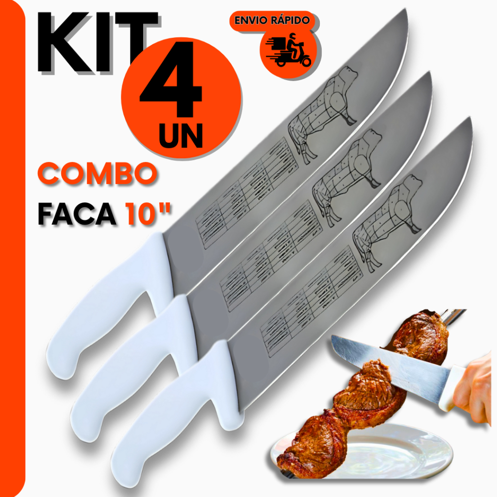 Combo 4 Facas Cabo Branco 10 Em Aço Inox Profissional Do Açougueiro e Churrasqueiro Para Açougue e C