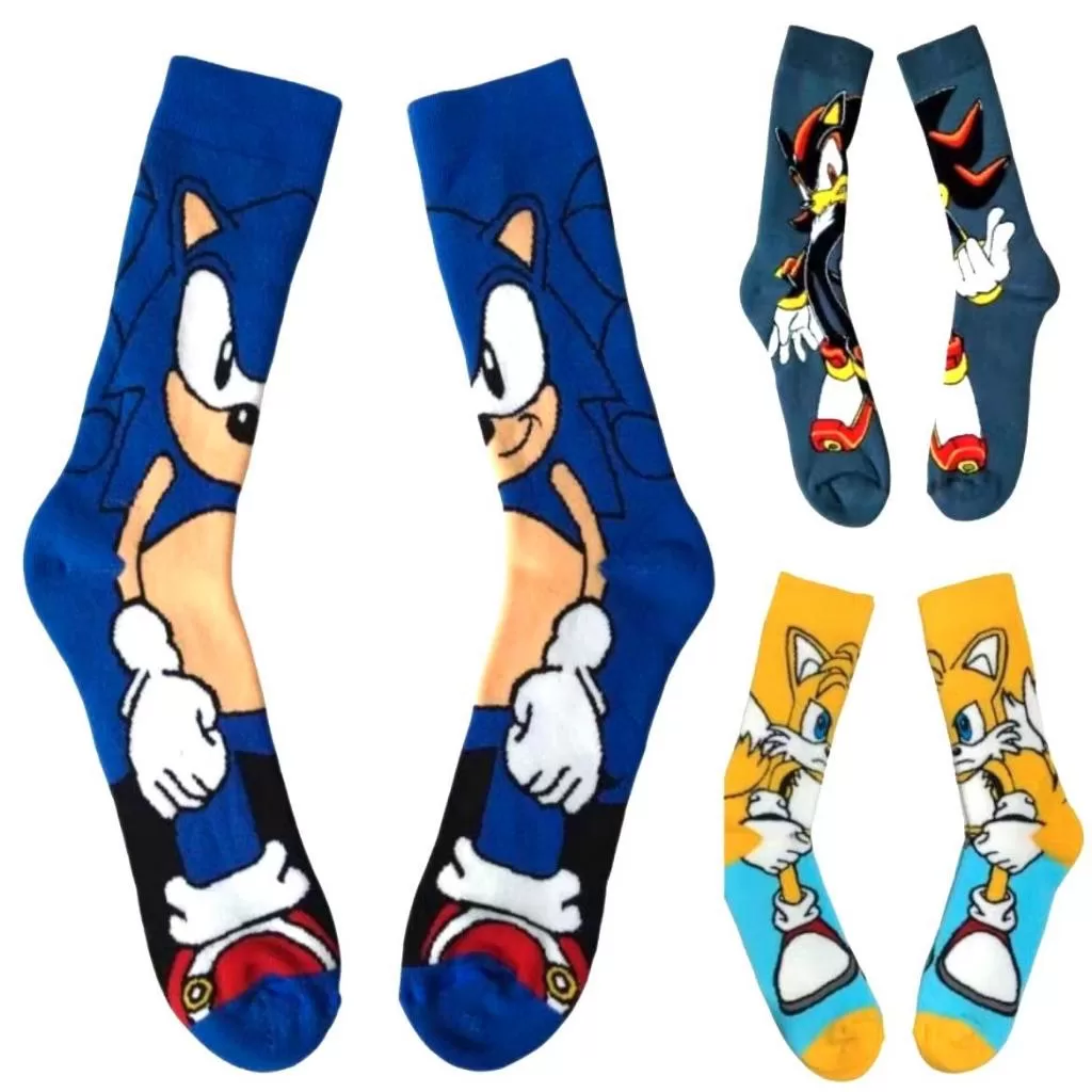 Meia Sonic Shadwon e Tails Personagem Kit 3 Pares Azul Amarela e Cinza Adulto Divertida  Algodão Mac