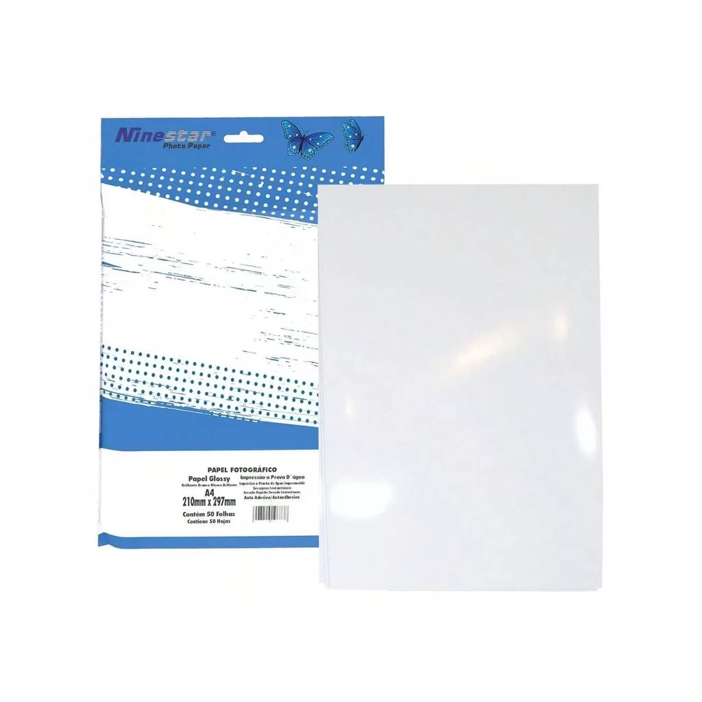 Papel Adesivo Fotográfico Glossy A4 Branco Brilhante com 50 folhas Ninestar – 80g / 115g / 130g