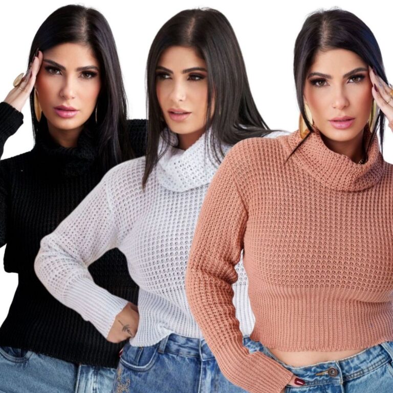 Kit 3 Blusa Tricot Modal Feminina Manga Longa Gola