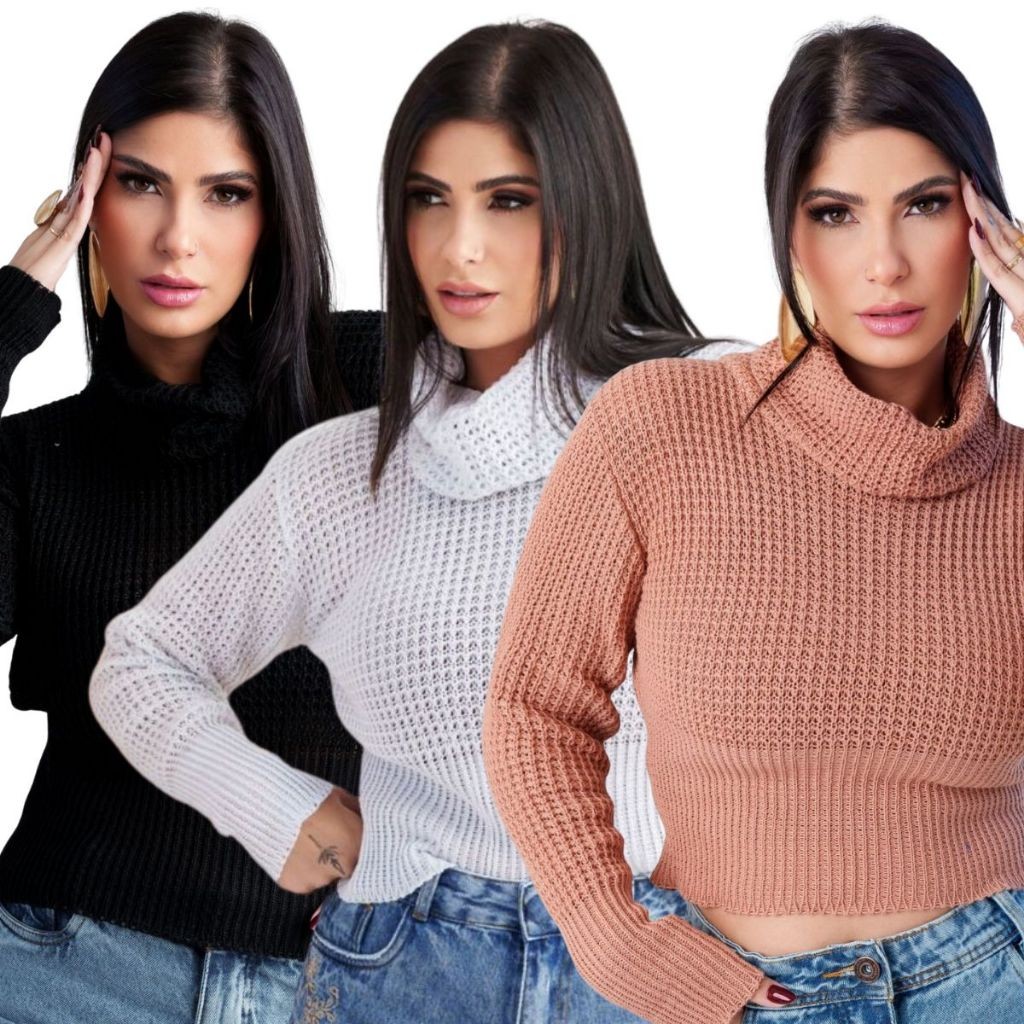 Kit 3 Blusa Tricot Modal Feminina Manga Longa Gola Alta