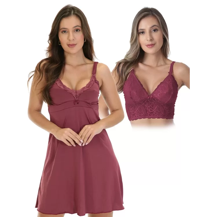 Conjunto Amamentação Sutiã Cropped Com Camisola