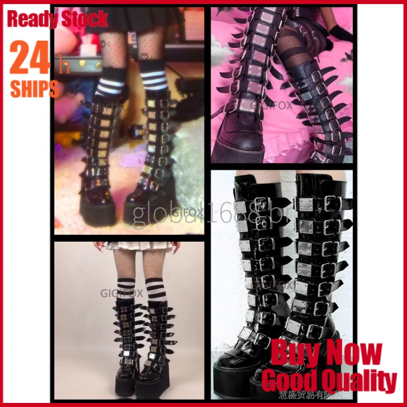 Tamanho Grande 43 Preto Estilo Gótico Fresco Do Punk Motocicletas Botas Cunhas Salto Alto De Bezerro