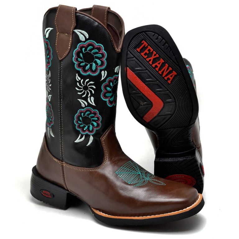 Bota Country Feminina Café Com Bordado Floral Azu