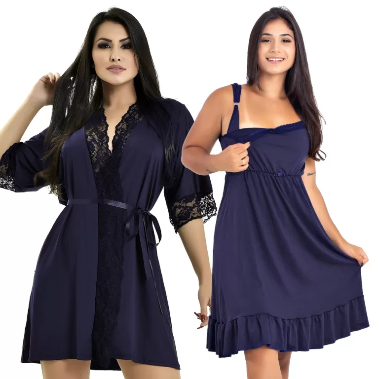 Kit Camisola mais Robe Microfibra  Renda Conjunto 