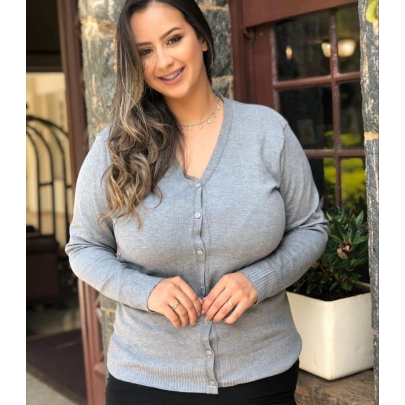 casaco de tricô cardigan plus size feminino de frio liso  básica com fechamento em botão 0327
